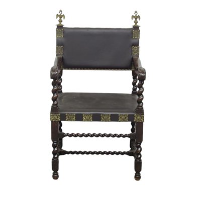 Spanish Colonial Leathear, Brass and Wood Armchair-TCS-2017506