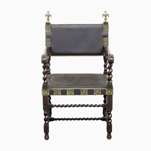 Spanish Colonial Leathear, Brass and Wood Armchair-TCS-2017506