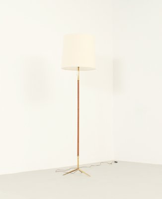 Spanish Floor Lamp in Brass and Leather, 1950s-UB-1785147