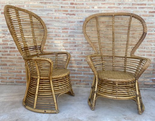 Spanish High Back Armchair in Bamboo Wicker, 1970s, Set of 2-NOU-1789944