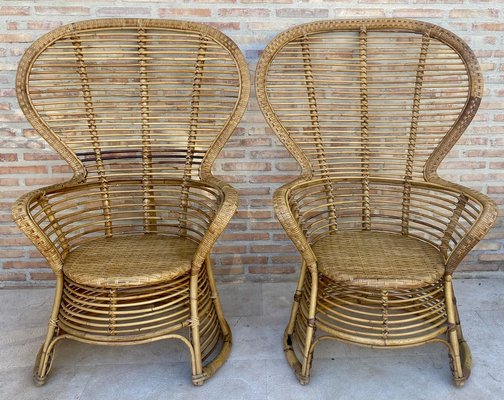 Spanish High Back Armchair in Bamboo Wicker, 1970s, Set of 2-NOU-1789944