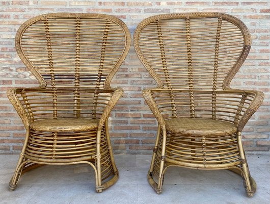 Spanish High Back Armchair in Bamboo Wicker, 1970s, Set of 2-NOU-1789944