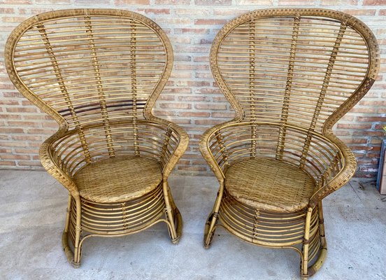 Spanish High Back Armchair in Bamboo Wicker, 1970s, Set of 2-NOU-1789944