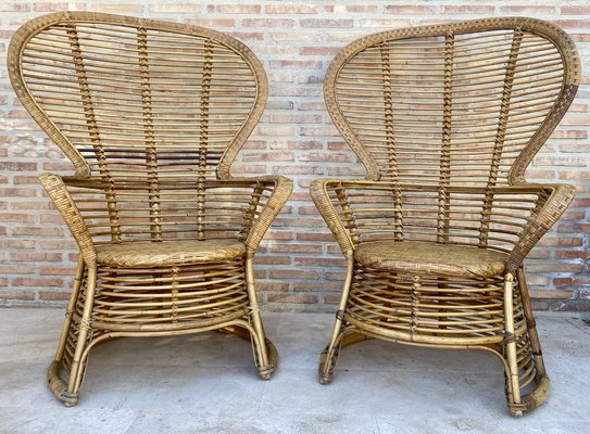 Spanish High Back Armchair in Bamboo Wicker, 1970s, Set of 2-NOU-1789944