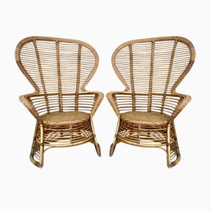 Spanish High Back Armchair in Bamboo Wicker, 1970s, Set of 2-NOU-1789944