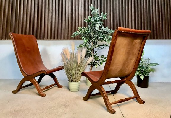 Spanish High-Back Leather Slipper Chairs by Pierre Lottier, 1950s, Set of 2-JP-999162