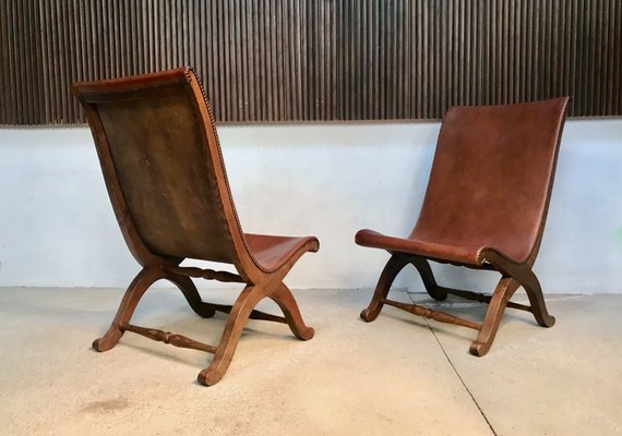 Spanish High-Back Leather Slipper Chairs by Pierre Lottier, 1950s, Set of 2-JP-999162