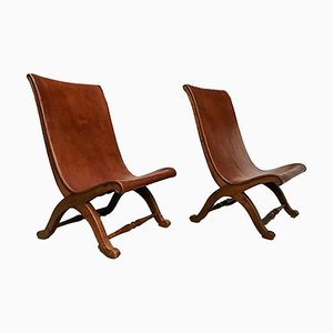 Spanish High-Back Leather Slipper Chairs by Pierre Lottier, 1950s, Set of 2-JP-999162