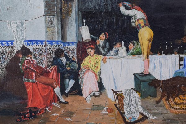 Spanish Interior Scene, the Party, 20th-century, Oil on Board, Framed-AOI-1189429