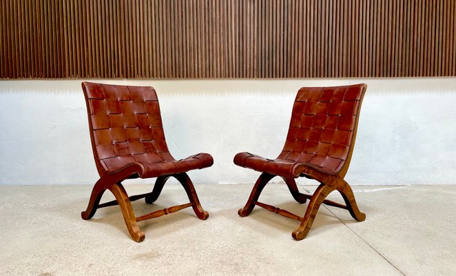 Spanish Oak Leather Strap Chairs by Pierre Lottier for Valmazan, 1950s, Set of 2-JP-1362353