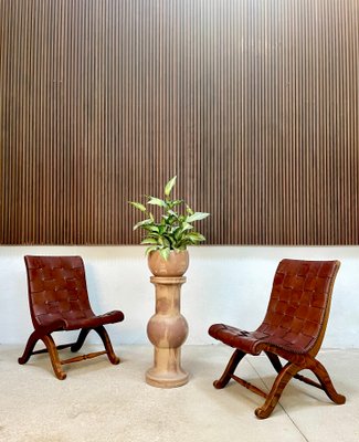 Spanish Oak Leather Strap Chairs by Pierre Lottier for Valmazan, 1950s, Set of 2-JP-1362353