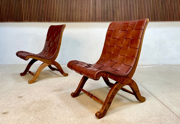 Spanish Oak Leather Strap Chairs by Pierre Lottier for Valmazan, 1950s, Set of 2-JP-1362353