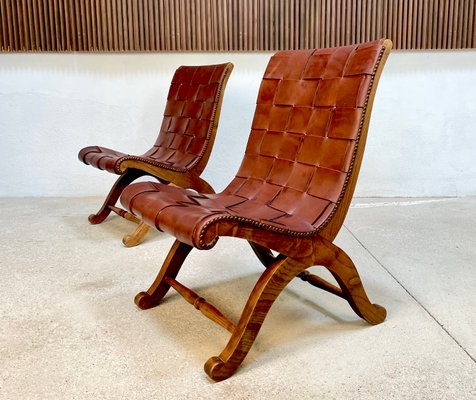 Spanish Oak Leather Strap Chairs by Pierre Lottier for Valmazan, 1950s, Set of 2-JP-1362353