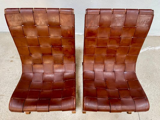 Spanish Oak Leather Strap Chairs by Pierre Lottier for Valmazan, 1950s, Set of 2-JP-1362353