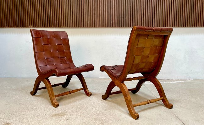 Spanish Oak Leather Strap Chairs by Pierre Lottier for Valmazan, 1950s, Set of 2-JP-1362353