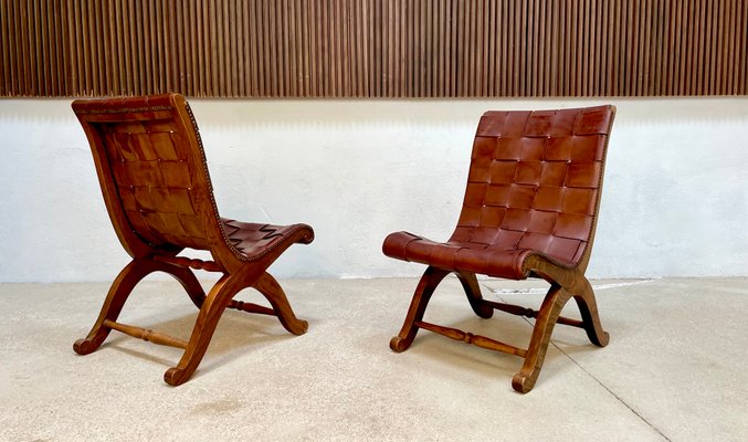 Spanish Oak Leather Strap Chairs by Pierre Lottier for Valmazan, 1950s, Set of 2-JP-1362353