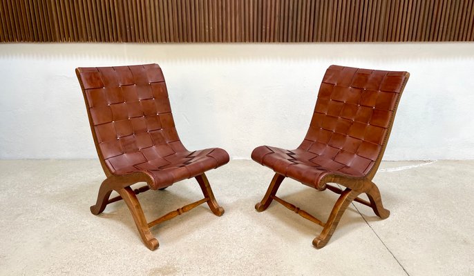 Spanish Oak Leather Strap Chairs by Pierre Lottier for Valmazan, 1950s, Set of 2-JP-1362353