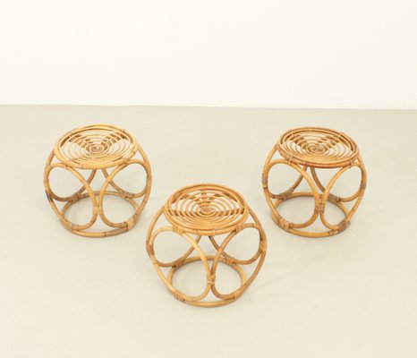 Spanish Rattan Stools, 1970s, Set of 3-UB-1806126