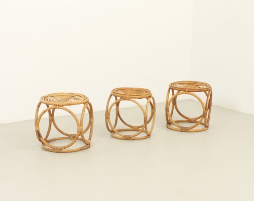 Spanish Rattan Stools, 1970s, Set of 3-UB-1806126