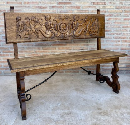 Spanish Renaissance Carved Oak Bench Banquette Escaño, 1890s-NOU-1730518