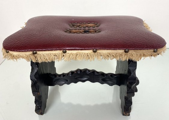 Spanish Renaissance Red Faux-Leather Footstool-WZZ-989076