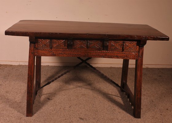 Spanish Table with Three Drawers in Chestnut, 17th Century-HPU-965536