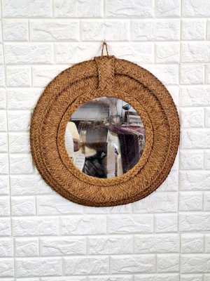 Spanish Woven Esparto Round Wall Mirror, 1970s-FRB-1798184