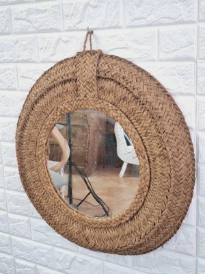 Spanish Woven Esparto Round Wall Mirror, 1970s-FRB-1798184