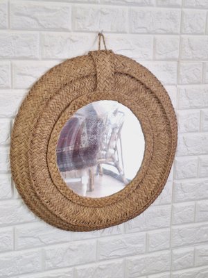 Spanish Woven Esparto Round Wall Mirror, 1970s-FRB-1798184