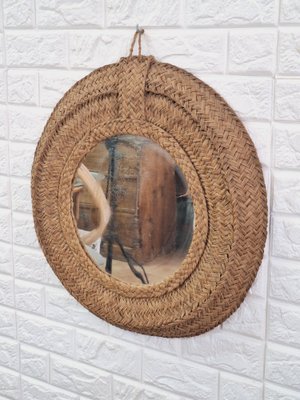 Spanish Woven Esparto Round Wall Mirror, 1970s-FRB-1798184