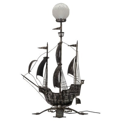 Spanish Wrought Iron and Glass Galleon Sailing Ship Shaped Floor Lamp, 1950s-KEG-1383215