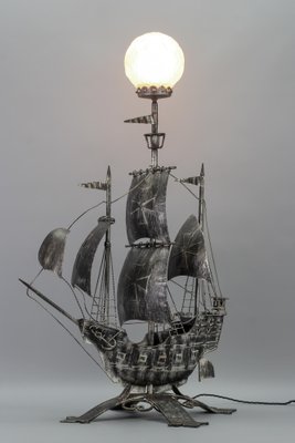 Spanish Wrought Iron and Glass Galleon Sailing Ship Shaped Floor Lamp, 1950s-KEG-1383215