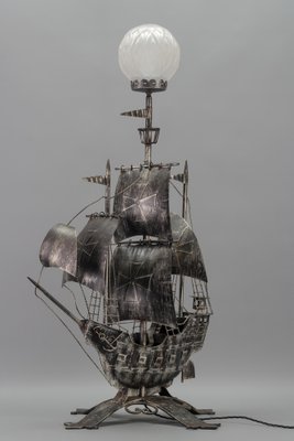 Spanish Wrought Iron and Glass Galleon Sailing Ship Shaped Floor Lamp, 1950s-KEG-1383215