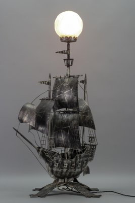 Spanish Wrought Iron and Glass Galleon Sailing Ship Shaped Floor Lamp, 1950s-KEG-1383215