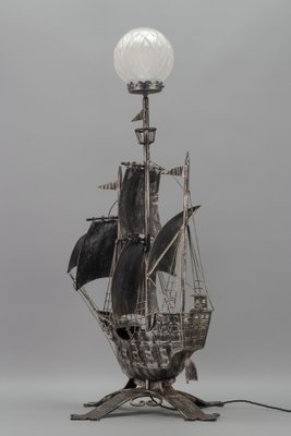 Spanish Wrought Iron and Glass Galleon Sailing Ship Shaped Floor Lamp, 1950s-KEG-1383215