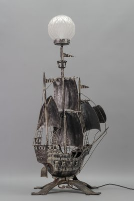 Spanish Wrought Iron and Glass Galleon Sailing Ship Shaped Floor Lamp, 1950s-KEG-1383215