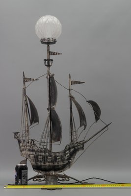 Spanish Wrought Iron and Glass Galleon Sailing Ship Shaped Floor Lamp, 1950s-KEG-1383215