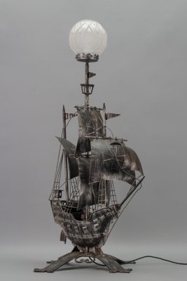 Spanish Wrought Iron and Glass Galleon Sailing Ship Shaped Floor Lamp, 1950s-KEG-1383215