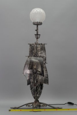 Spanish Wrought Iron and Glass Galleon Sailing Ship Shaped Floor Lamp, 1950s-KEG-1383215