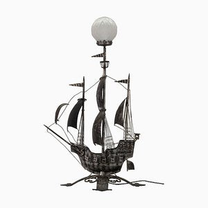 Spanish Wrought Iron and Glass Galleon Sailing Ship Shaped Floor Lamp, 1950s-KEG-1383215