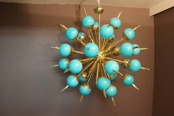 Sputnik Chandelier in Brass and Blue Glass Globes, 2000s-YF-1427649