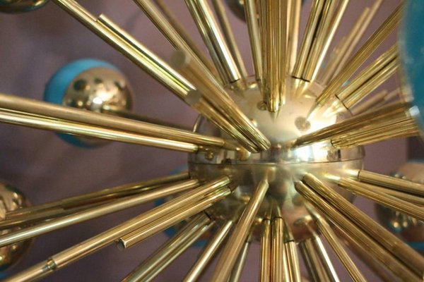 Sputnik Chandelier in Brass and Blue Glass Globes, 2000s-YF-1427649