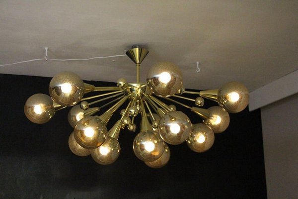 Sputnik Golden and Silver Coloured Murano Glass Globe Chandelier, 2000s-YF-1419440