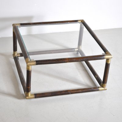 Square Bamboo Coffee Table with Brass Edges & Glass Top, 1960s-JQO-860676