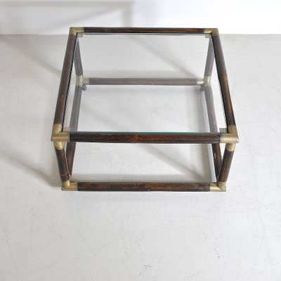 Square Bamboo Coffee Table with Brass Edges & Glass Top, 1960s-JQO-860676