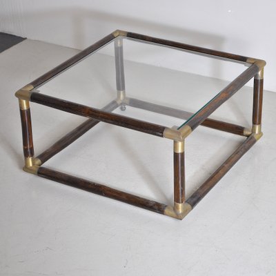 Square Bamboo Coffee Table with Brass Edges & Glass Top, 1960s-JQO-860676