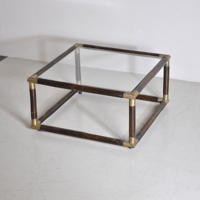 Square Bamboo Coffee Table with Brass Edges & Glass Top, 1960s-JQO-860676