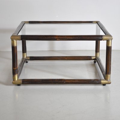 Square Bamboo Coffee Table with Brass Edges & Glass Top, 1960s-JQO-860676