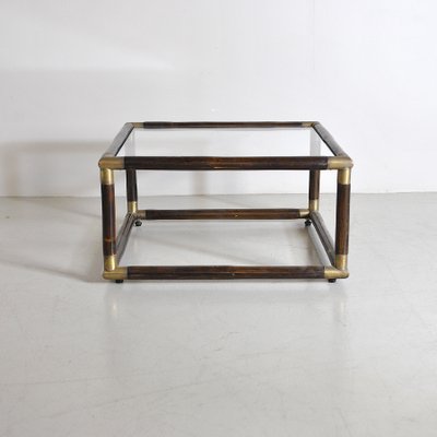 Square Bamboo Coffee Table with Brass Edges & Glass Top, 1960s-JQO-860676