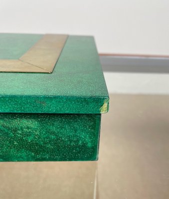 Square Box in Green Goatskin & Brass by Aldo Tura, Italy, 1960s-LYQ-1181988